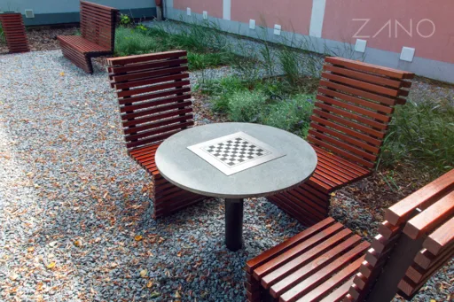 betona countertop ar tērauda šaha dēli