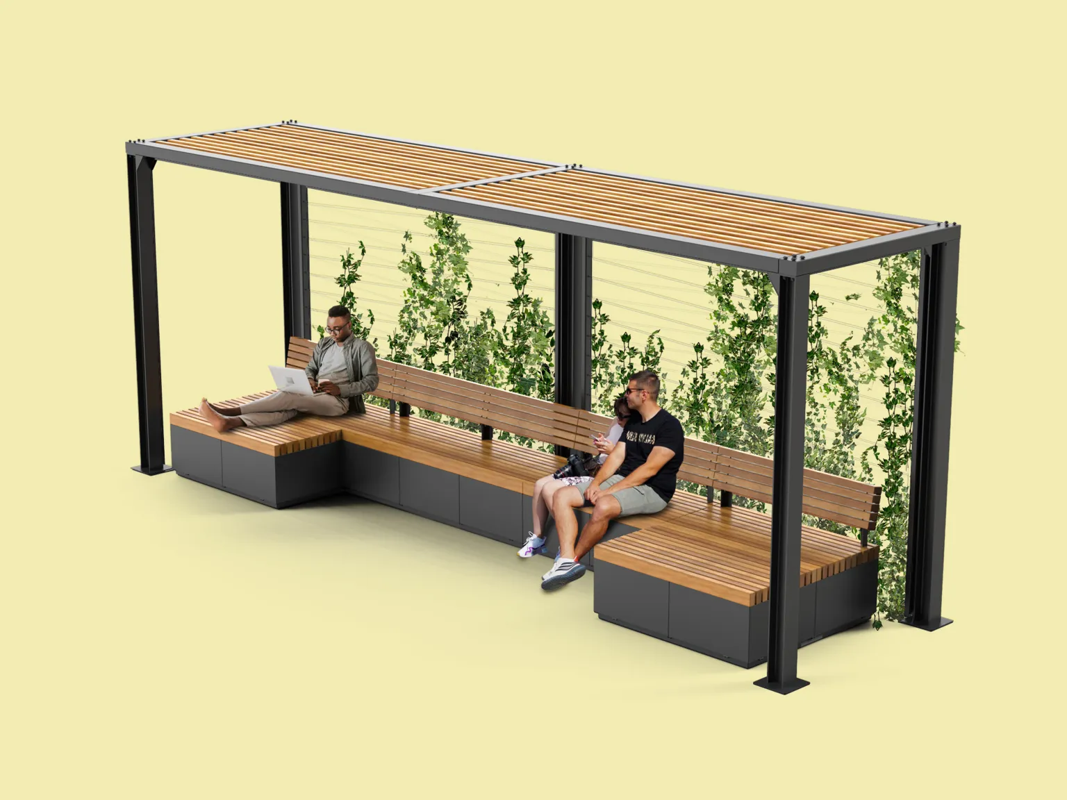 Pergolas izkārtojums ar soliņiem