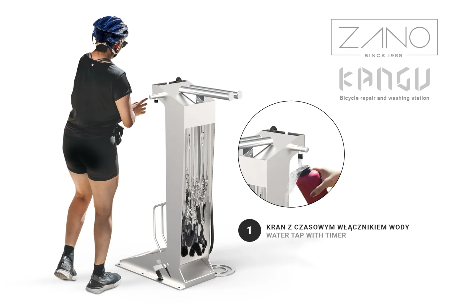 Kangu velosipēdu remonta un mazgāšanas stacija – krāns ūdens pudelīšu piepildīšanai