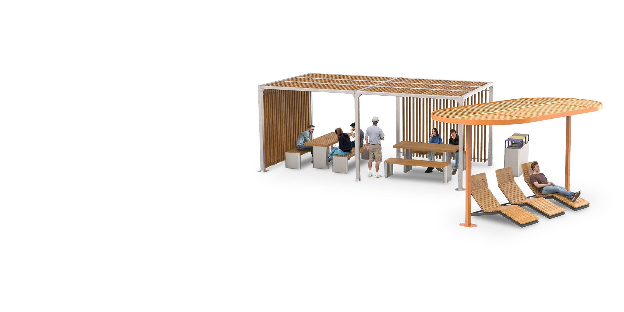 Tērauda pergola ar koka jumtu, galdu un soliņu komplektu, kā arī atpūtas krēsliem ar koka līstes.