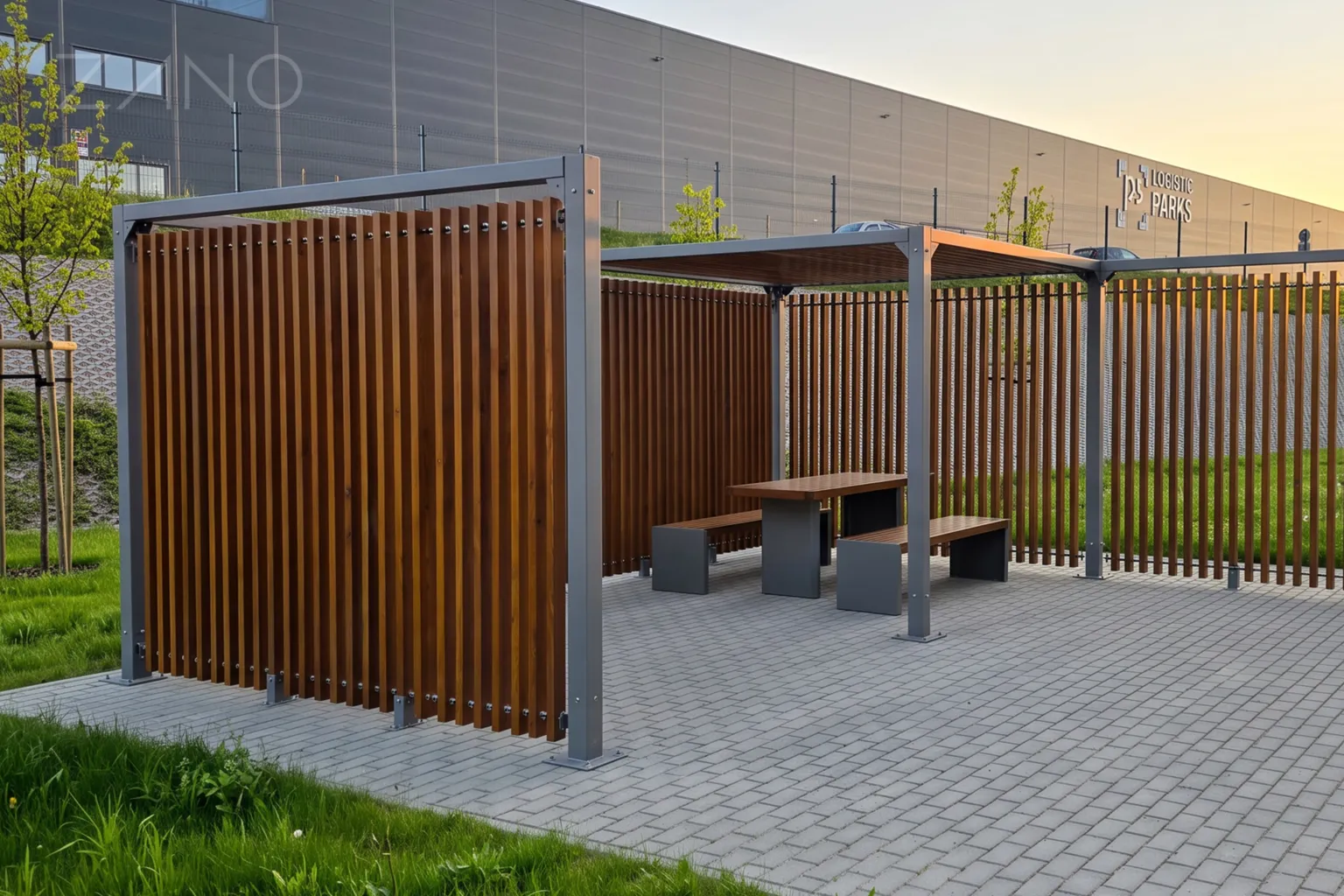 Tērauda pergola ar koka lamelu sienām, galdu un soliem, kā arī galdu no „Stilo“ sērijas.