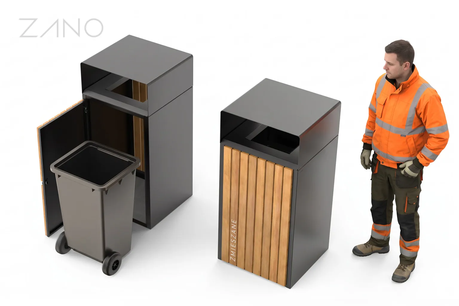 Quadro atkritumu tvertne tērauda korpuss ar vertikālām koka līstēm un atveramām durvīm.