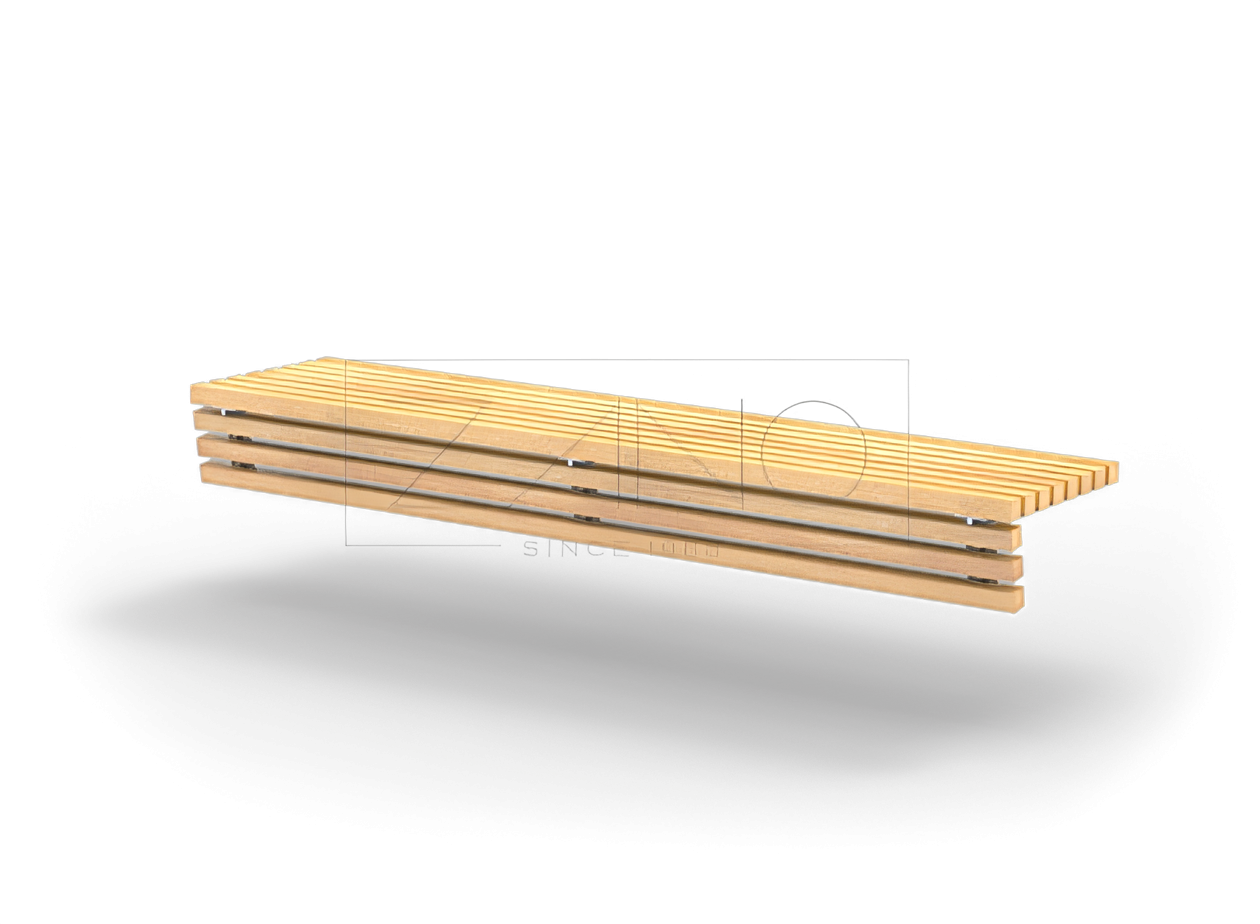 Stilīgs pilsētas soliņš uz betona pjedestāla Soliņš novietots uz betona sienas