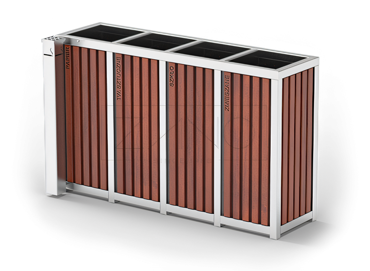 Ārējā atkritumu tvertne, četri nodalījumi atkritumu šķirošanai Ārējā atkritumu tvertne, četri nodalījumi atkritumu šķirošanai