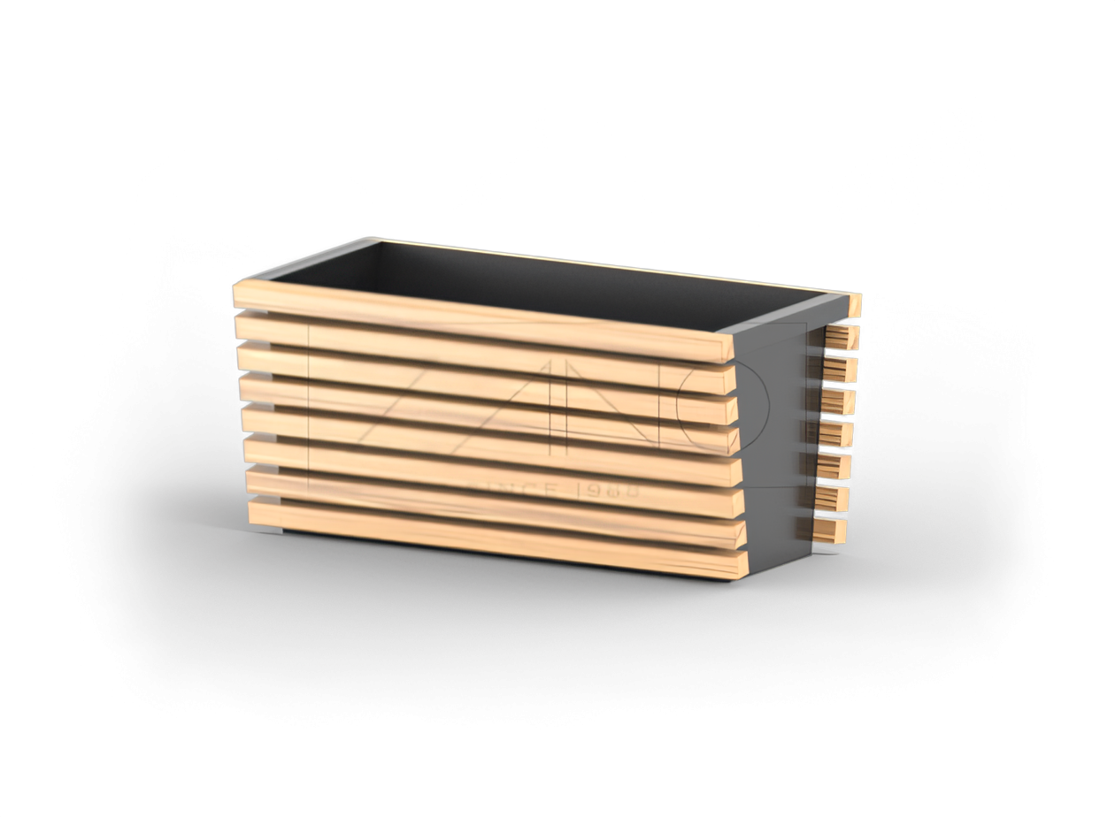 Moderns, stilīgs augu pods no melna tērauda un koka elementiem Moderns, stilīgs augu pods no melna tērauda un koka elementiem