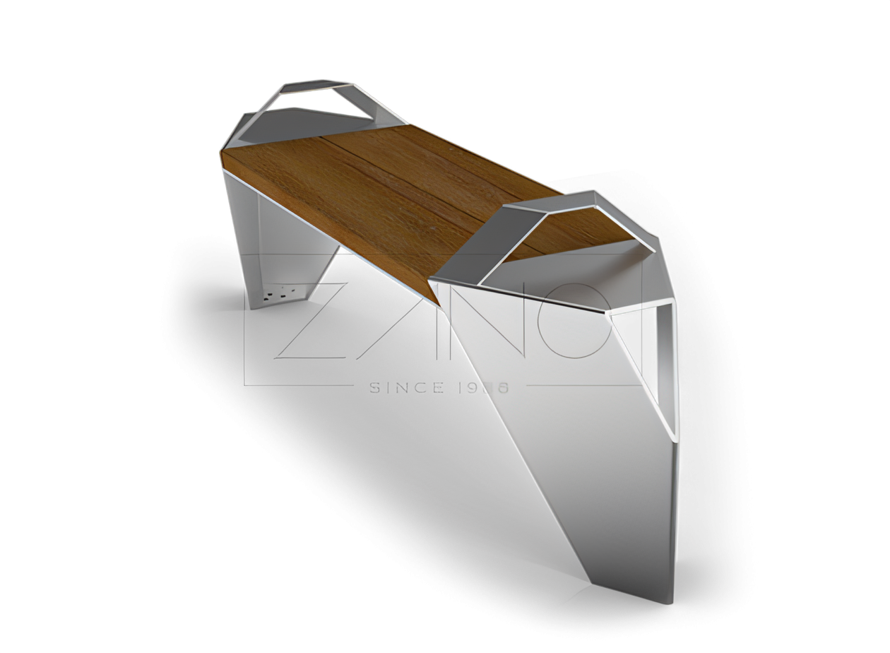IVO pilsētas soliņš ar nerūsējošā tērauda un koka roku balstiem Modernas pilsētas mēbeles no ZANO urban furniture