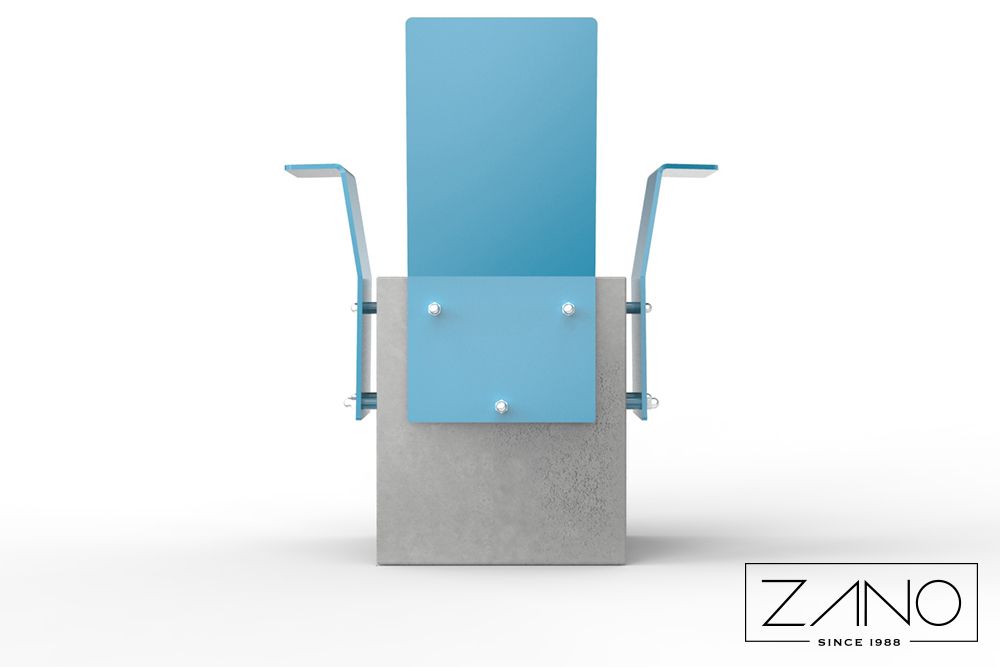 Pilsētas krēsls uz betona pamatnes ar nerūsējošā tērauda atzveltni