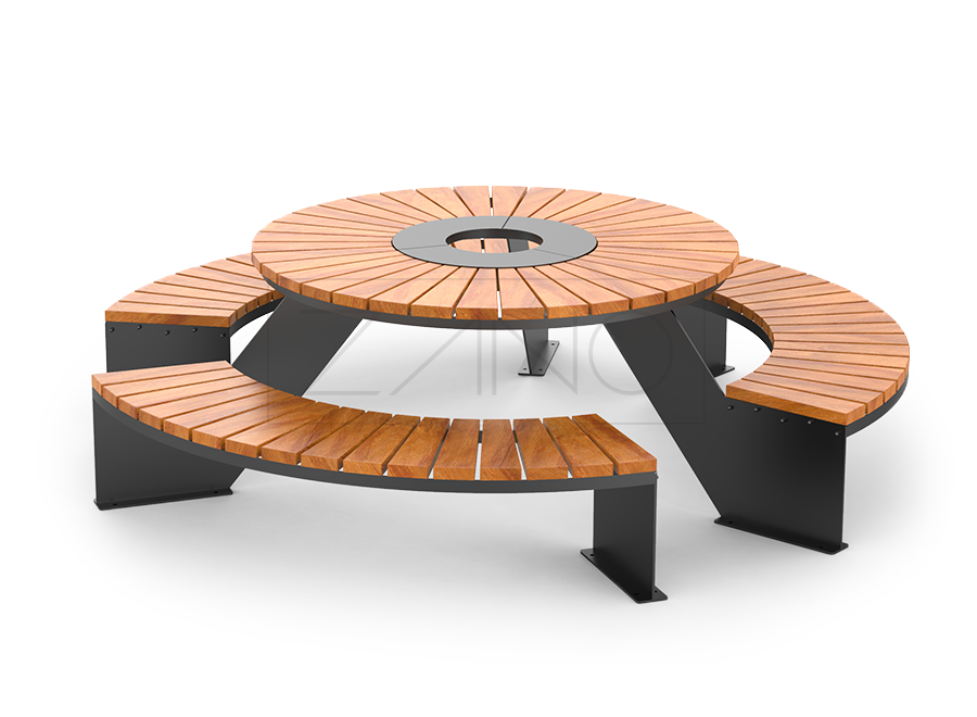 Parka galds ar trim integrētiem soliem, kas izgatavoti no strukturālā tērauda, krāsota un eksotiska koka